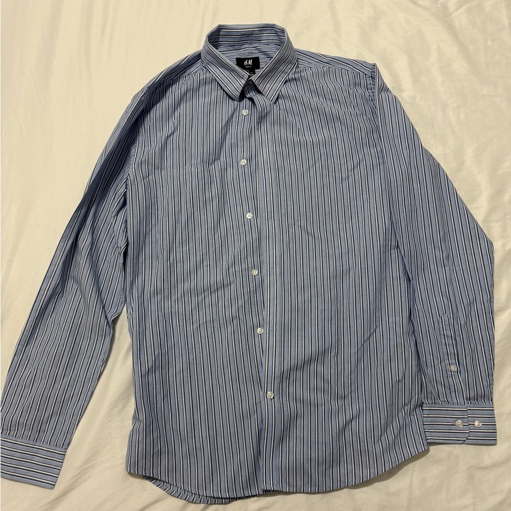 H&M Men's Navy Striped Button Down Shirt